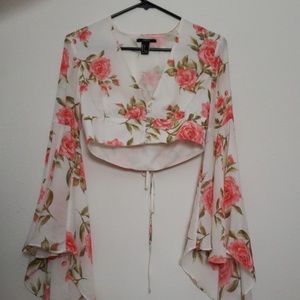 Forever 21 Floral Plunge Neck Crop Blouse